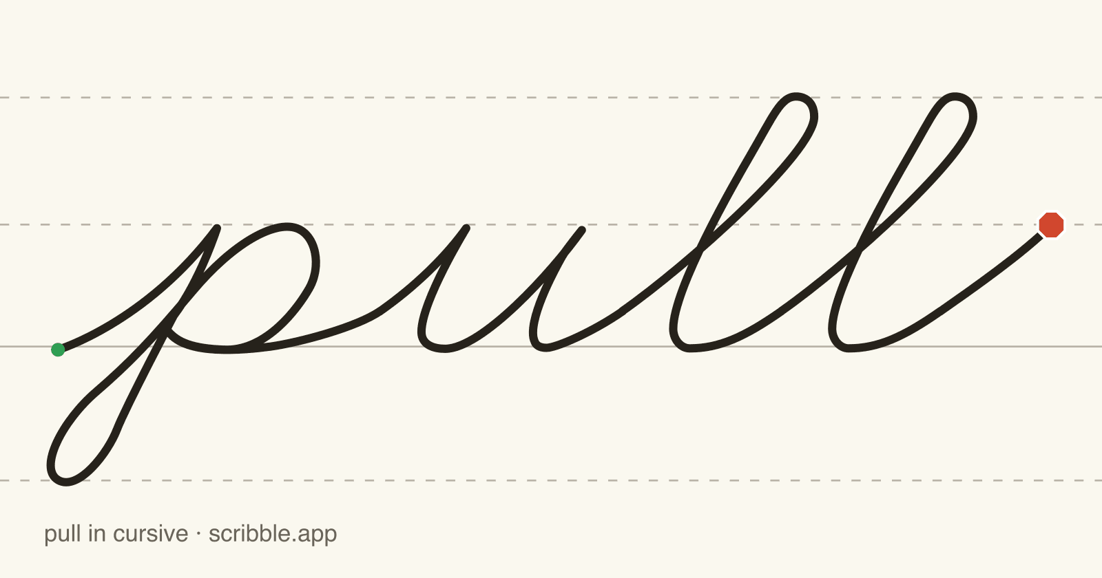 pull written in cursive on handwriting guidelines, with a green starting dot and a red stop sign