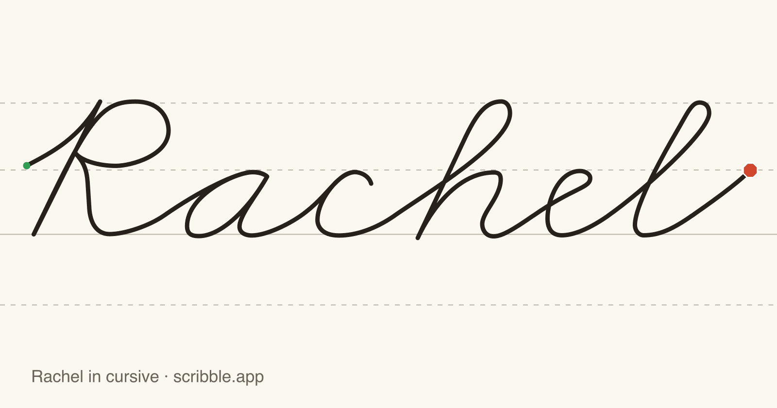 Rachel written in cursive on handwriting guidelines, with a green starting dot and a red stop sign