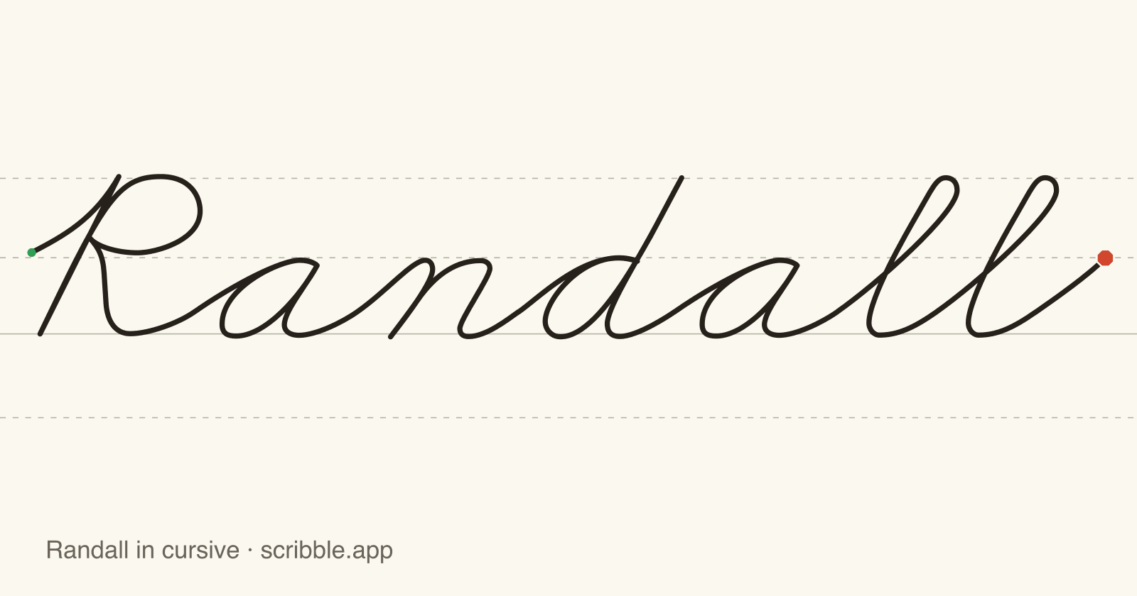 Randall written in cursive on handwriting guidelines, with a green starting dot and a red stop sign