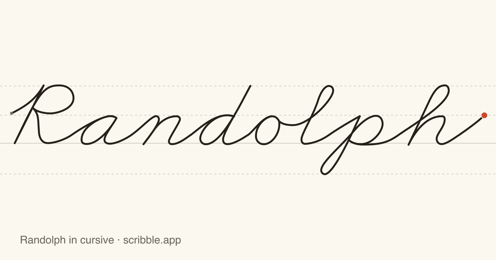 Randolph written in cursive on handwriting guidelines, with a green starting dot and a red stop sign