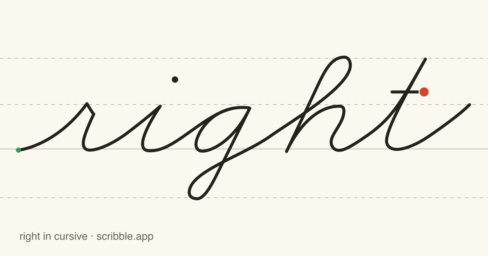 right written in cursive on handwriting guidelines, with a green starting dot and a red stop sign