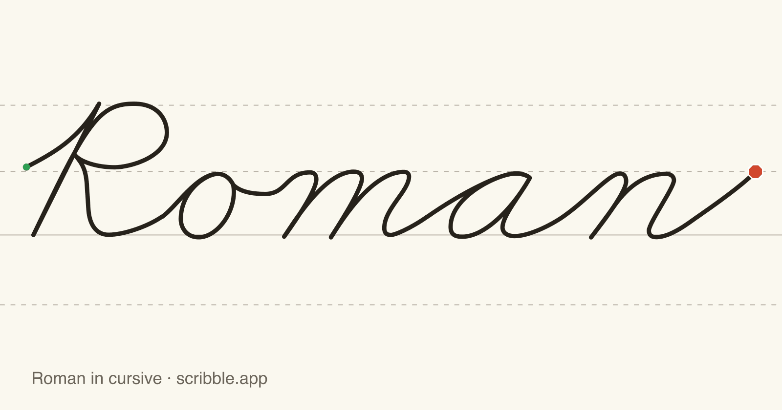 Roman written in cursive on handwriting guidelines, with a green starting dot and a red stop sign