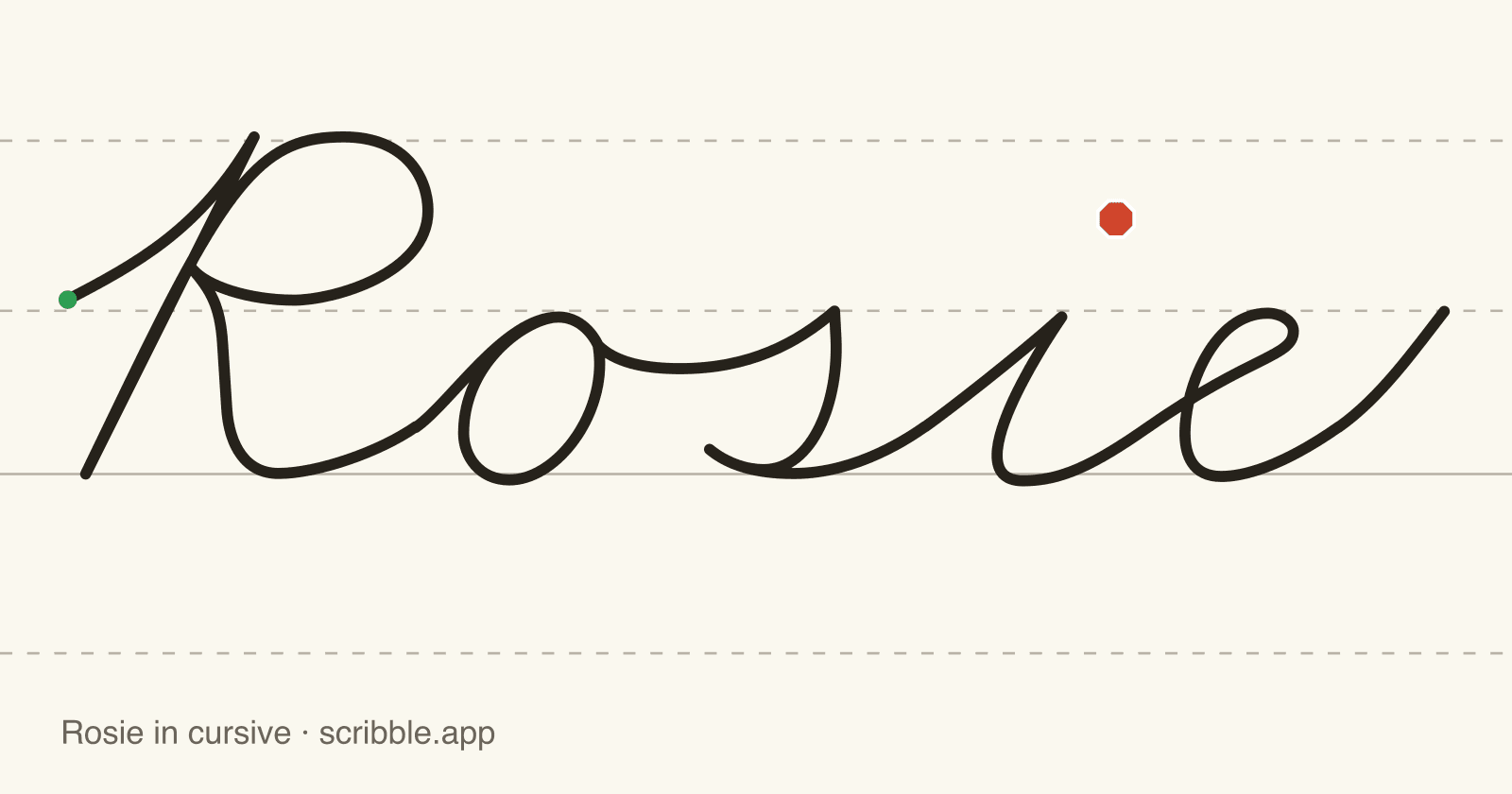 Rosie written in cursive on handwriting guidelines, with a green starting dot and a red stop sign