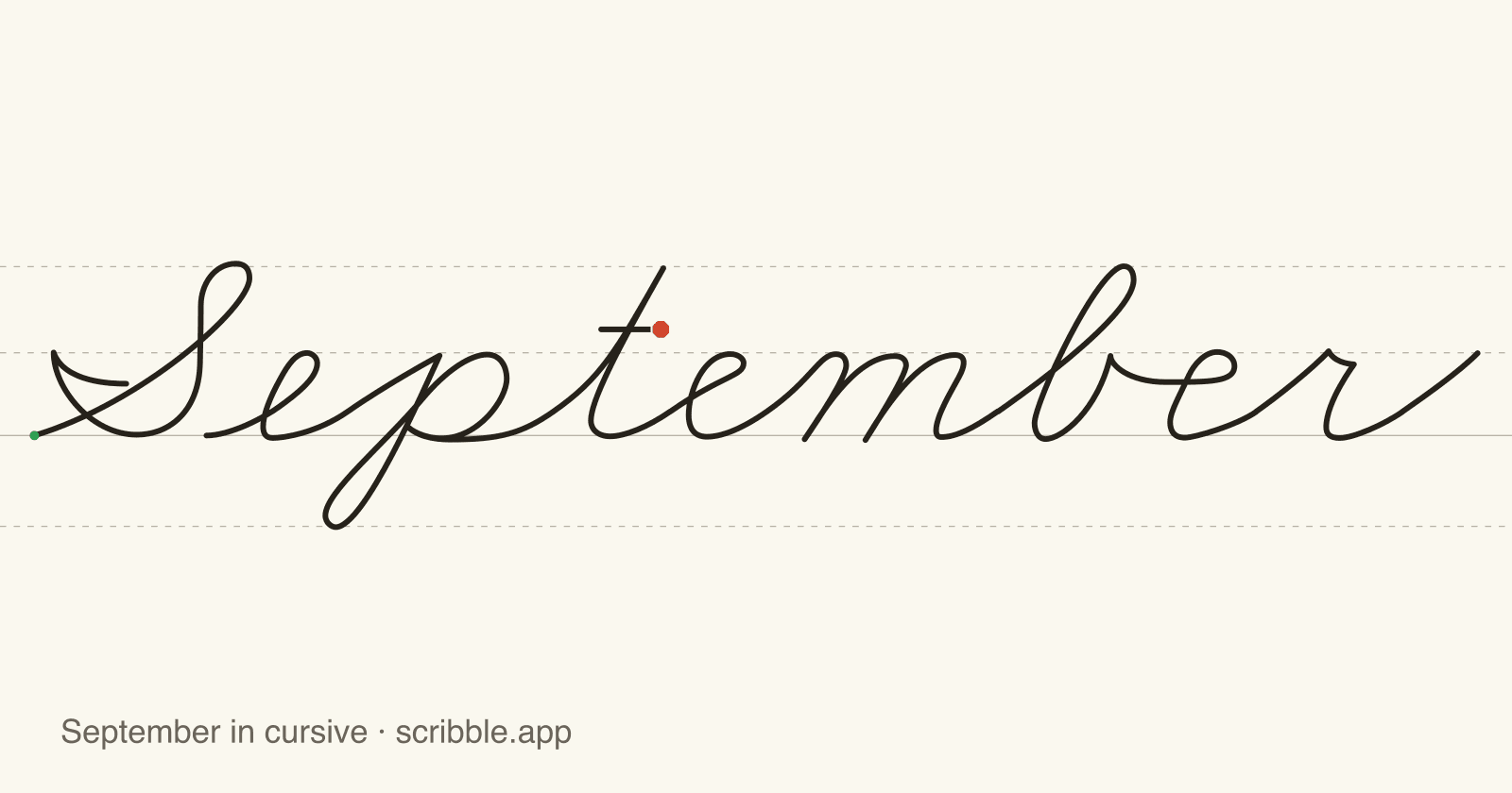 September written in cursive on handwriting guidelines, with a green starting dot and a red stop sign