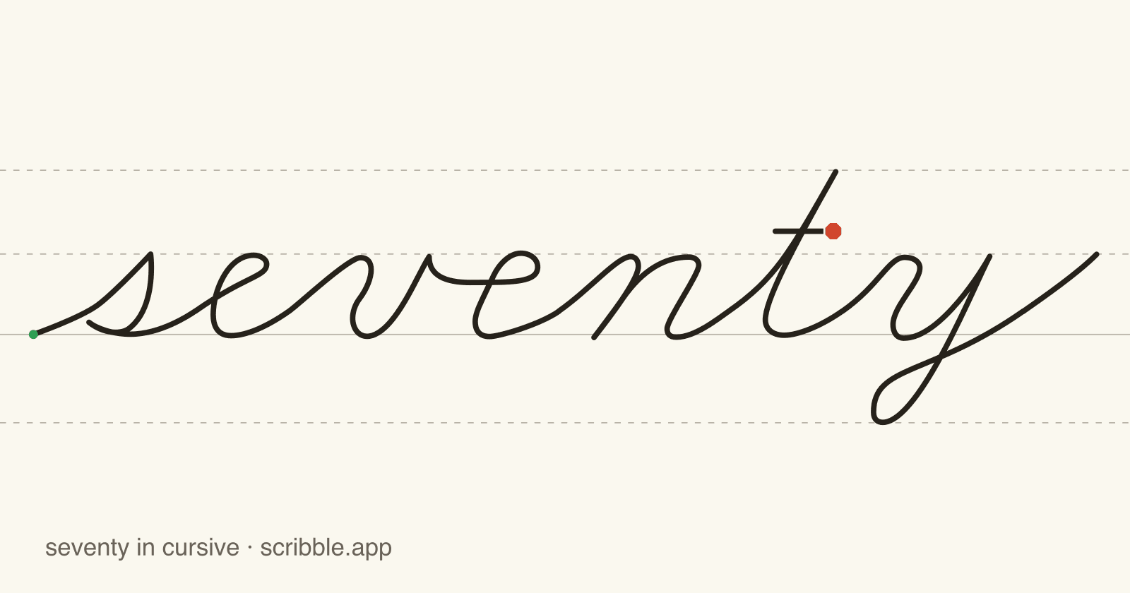 seventy written in cursive on handwriting guidelines, with a green starting dot and a red stop sign