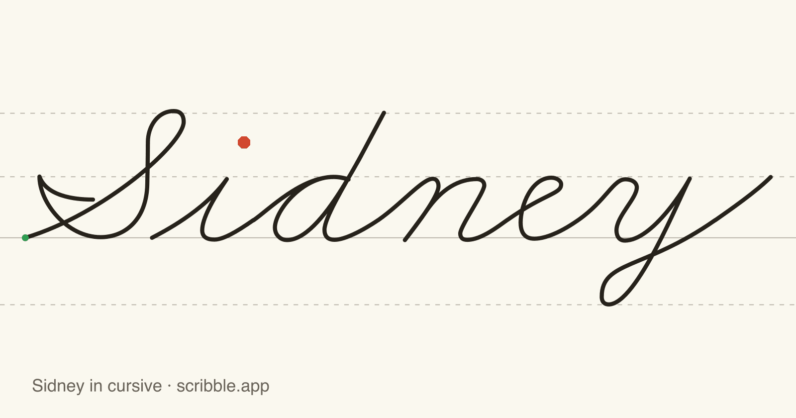 Sidney written in cursive on handwriting guidelines, with a green starting dot and a red stop sign