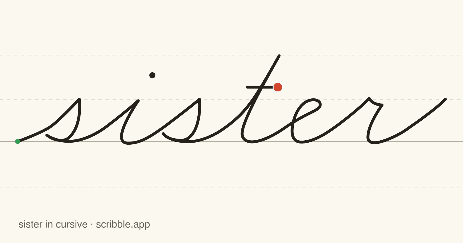 sister written in cursive on handwriting guidelines, with a green starting dot and a red stop sign