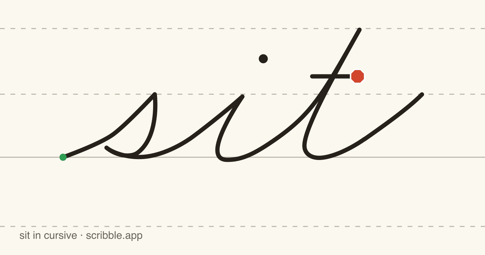 sit written in cursive on handwriting guidelines, with a green starting dot and a red stop sign