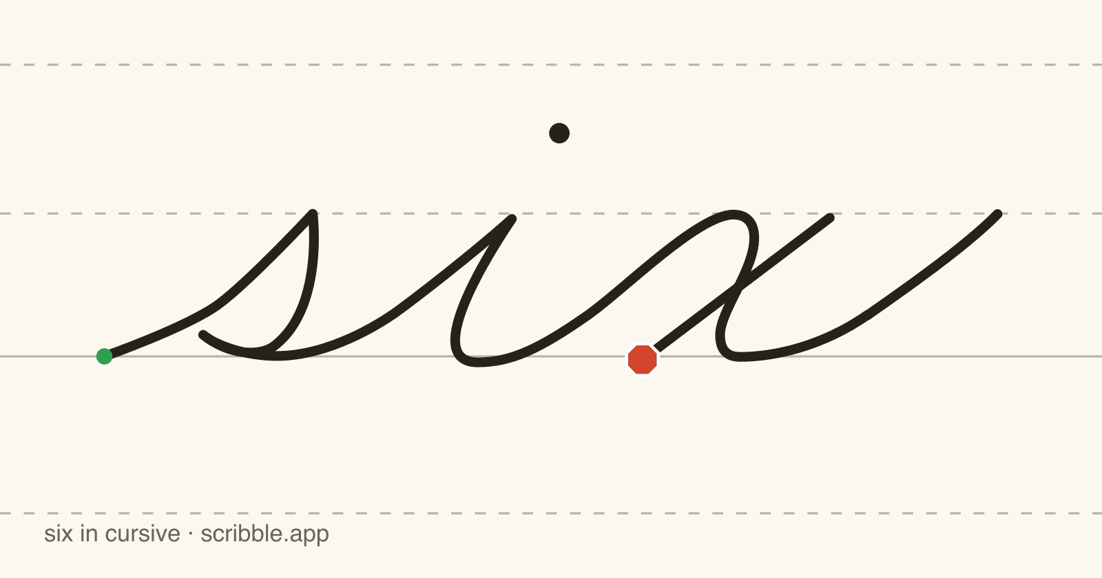 six written in cursive on handwriting guidelines, with a green starting dot and a red stop sign