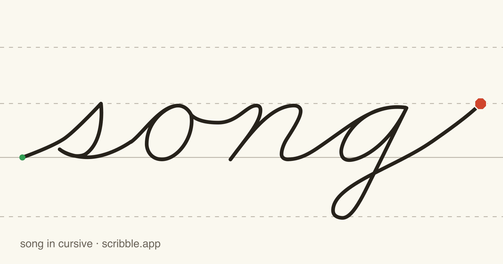 song written in cursive on handwriting guidelines, with a green starting dot and a red stop sign