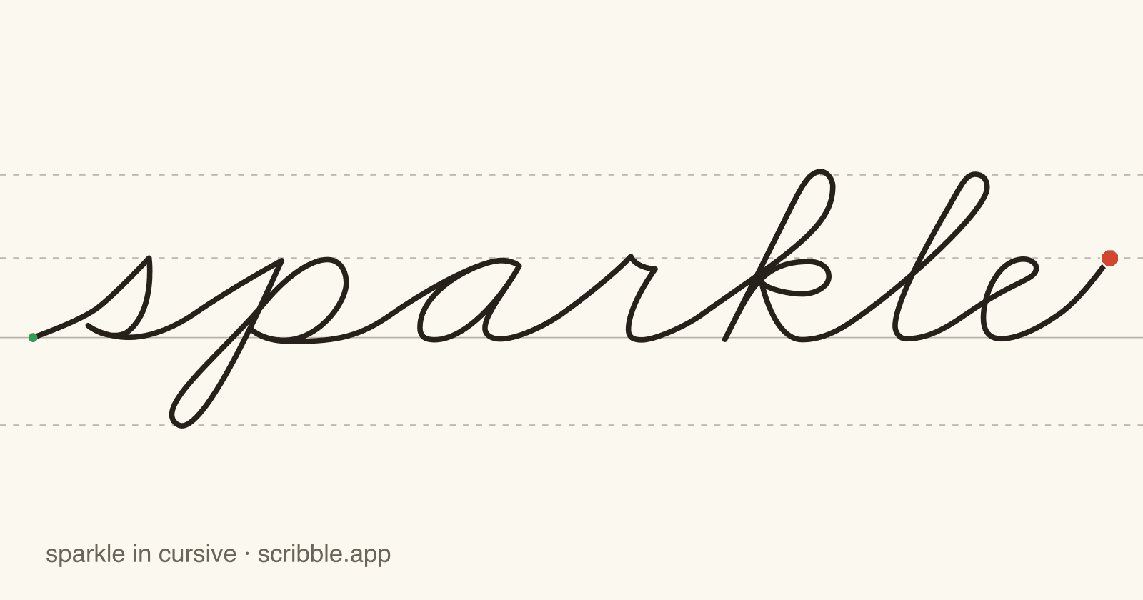sparkle written in cursive on handwriting guidelines, with a green starting dot and a red stop sign