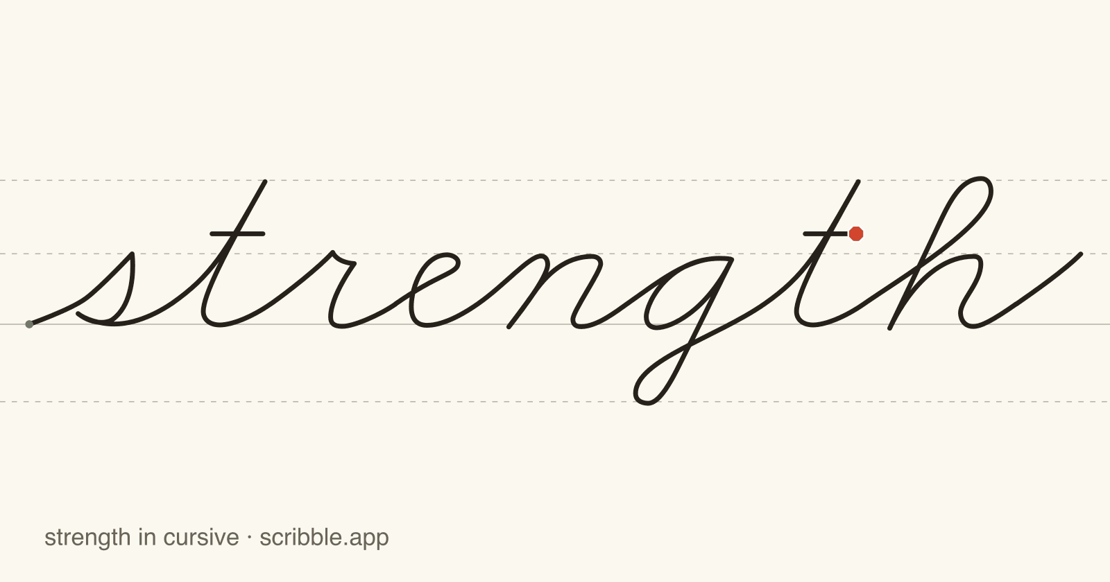 strength written in cursive on handwriting guidelines, with a green starting dot and a red stop sign