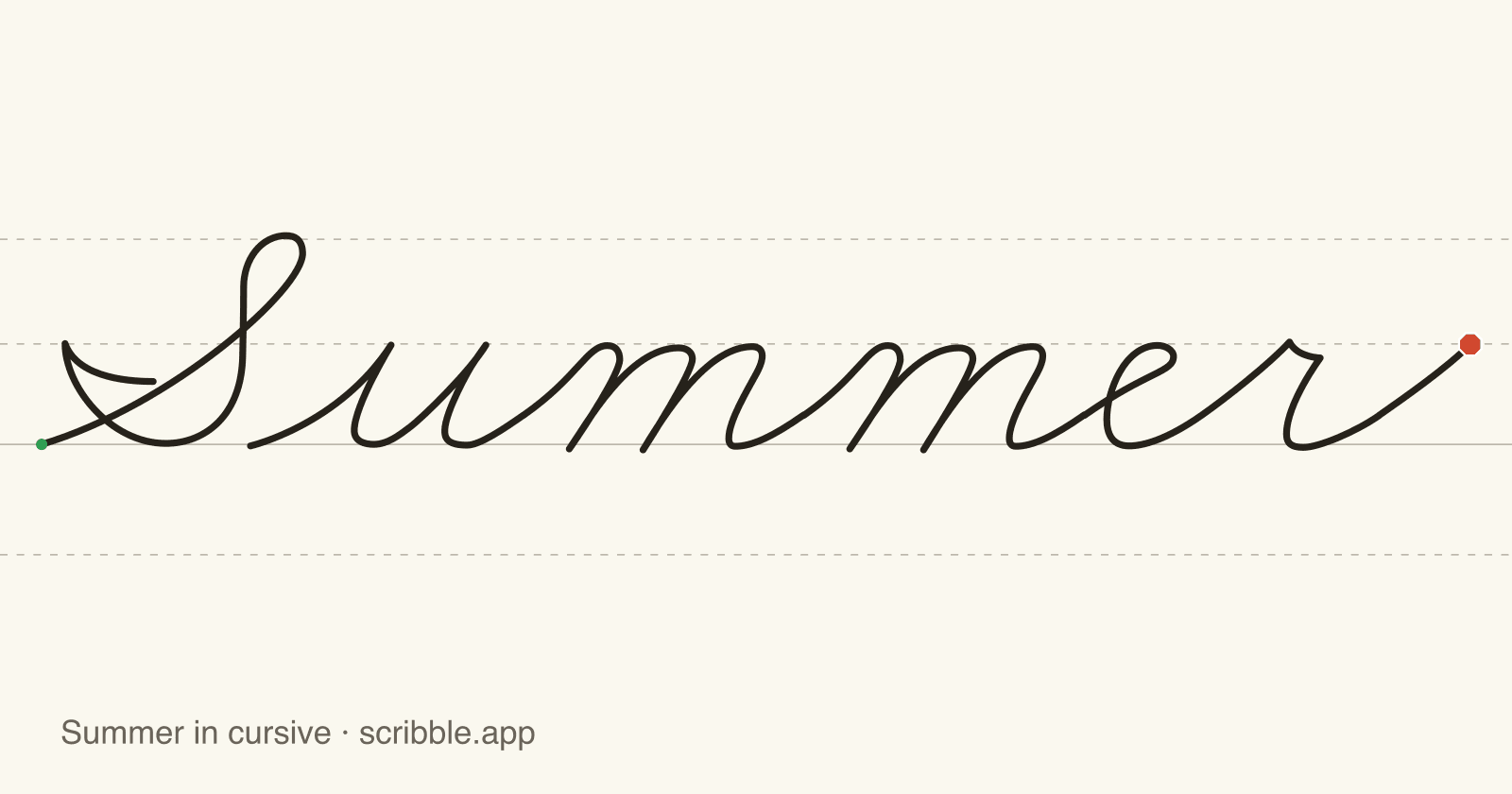 Summer written in cursive on handwriting guidelines, with a green starting dot and a red stop sign