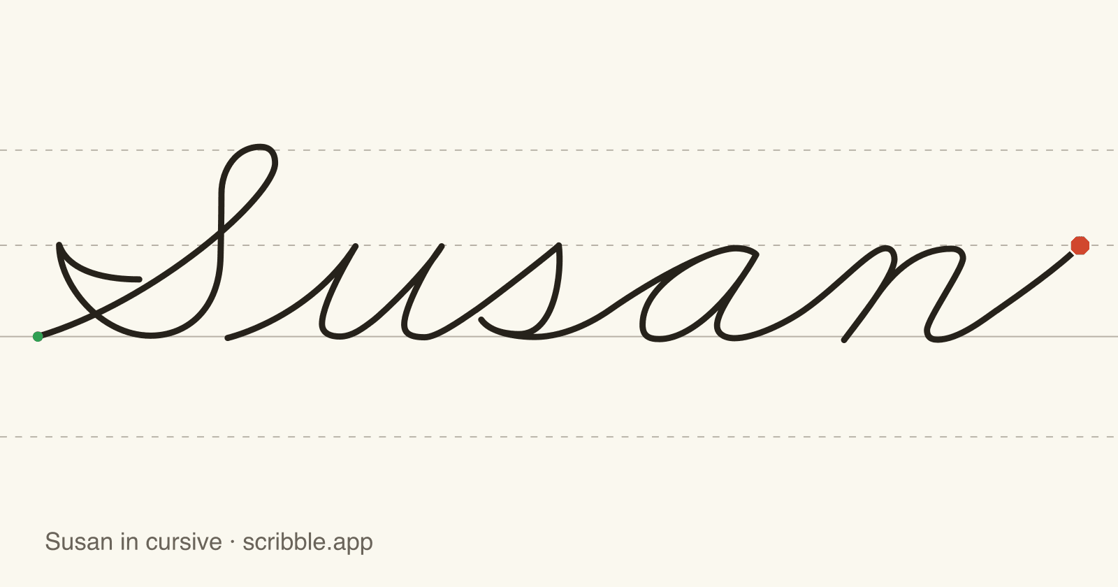Susan written in cursive on handwriting guidelines, with a green starting dot and a red stop sign