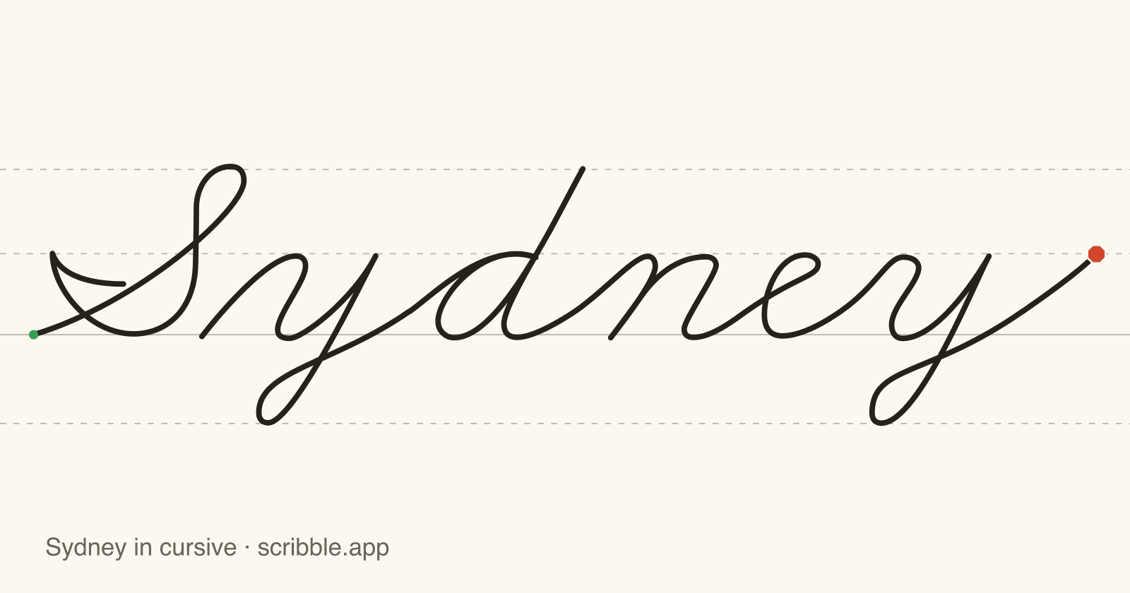 Sydney written in cursive on handwriting guidelines, with a green starting dot and a red stop sign