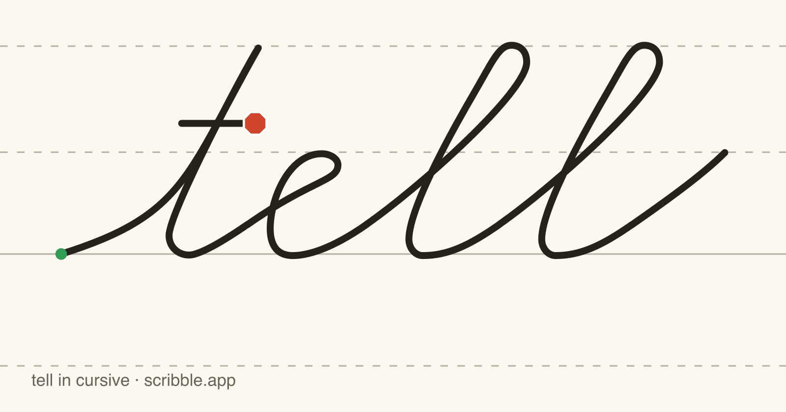 tell written in cursive on handwriting guidelines, with a green starting dot and a red stop sign