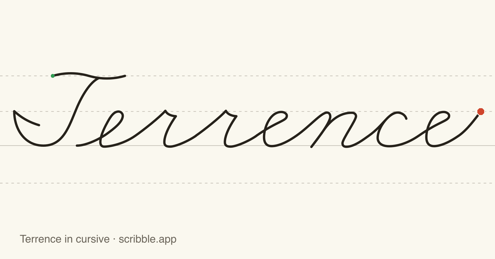 Terrence written in cursive on handwriting guidelines, with a green starting dot and a red stop sign