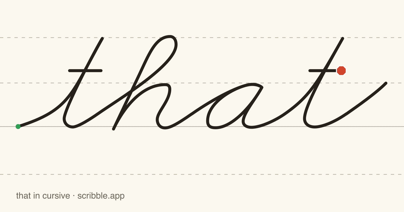 that written in cursive on handwriting guidelines, with a green starting dot and a red stop sign