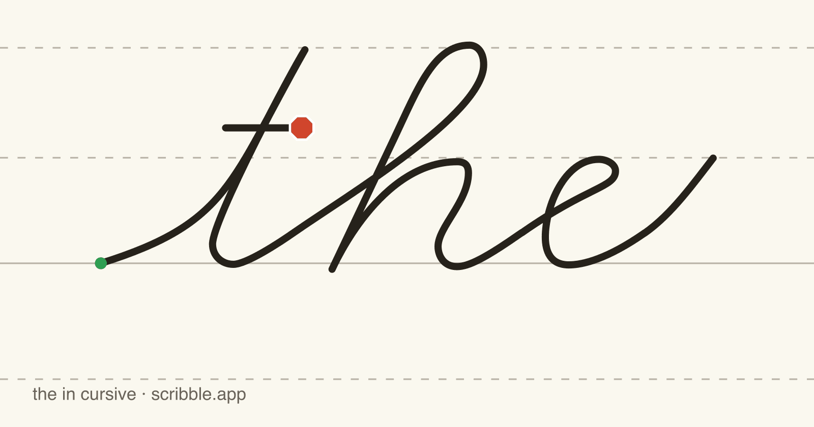 the written in cursive on handwriting guidelines, with a green starting dot and a red stop sign