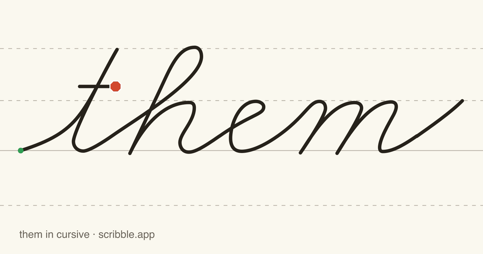 them written in cursive on handwriting guidelines, with a green starting dot and a red stop sign