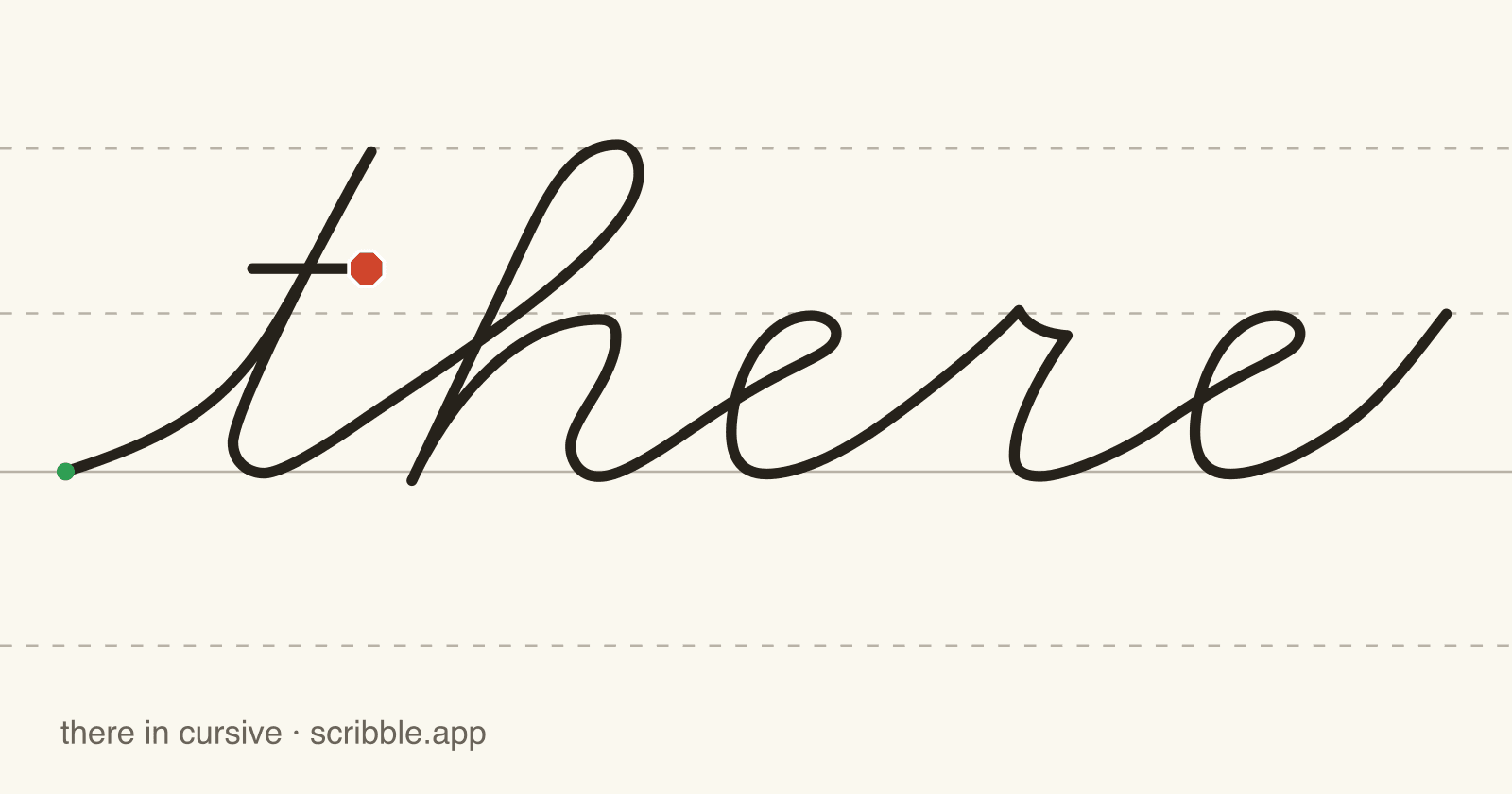 there written in cursive on handwriting guidelines, with a green starting dot and a red stop sign