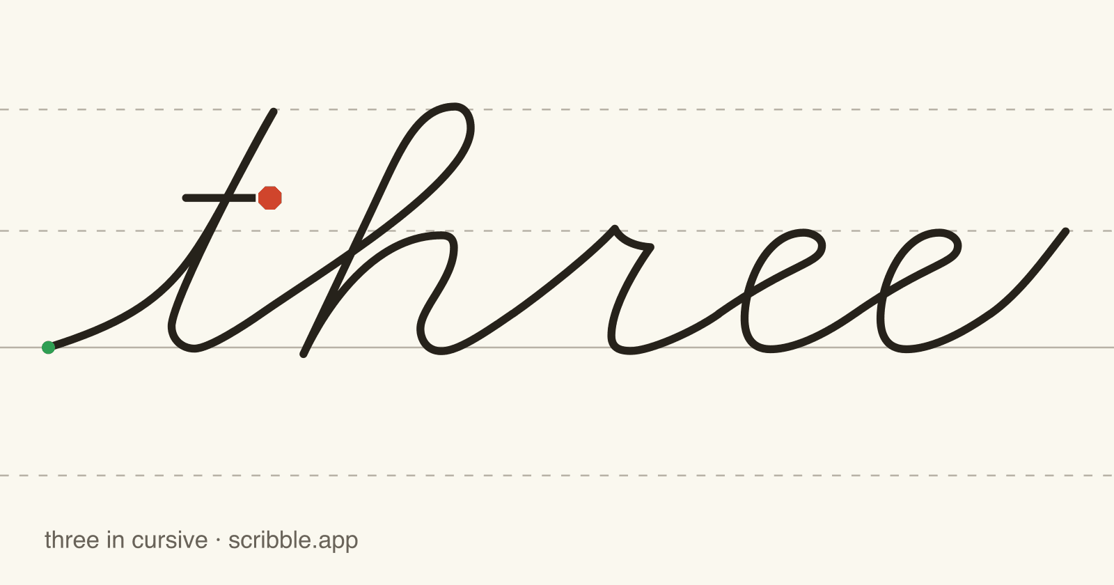 three written in cursive on handwriting guidelines, with a green starting dot and a red stop sign