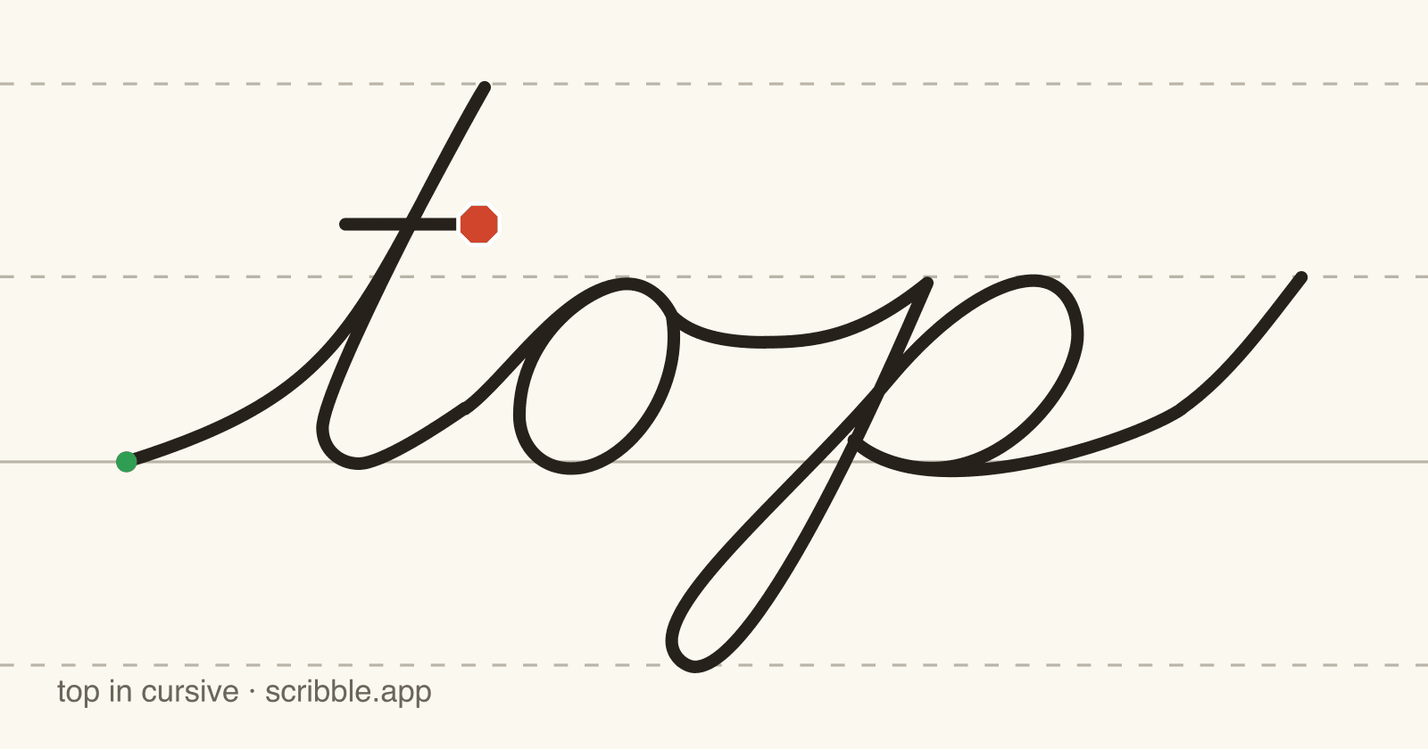 top written in cursive on handwriting guidelines, with a green starting dot and a red stop sign