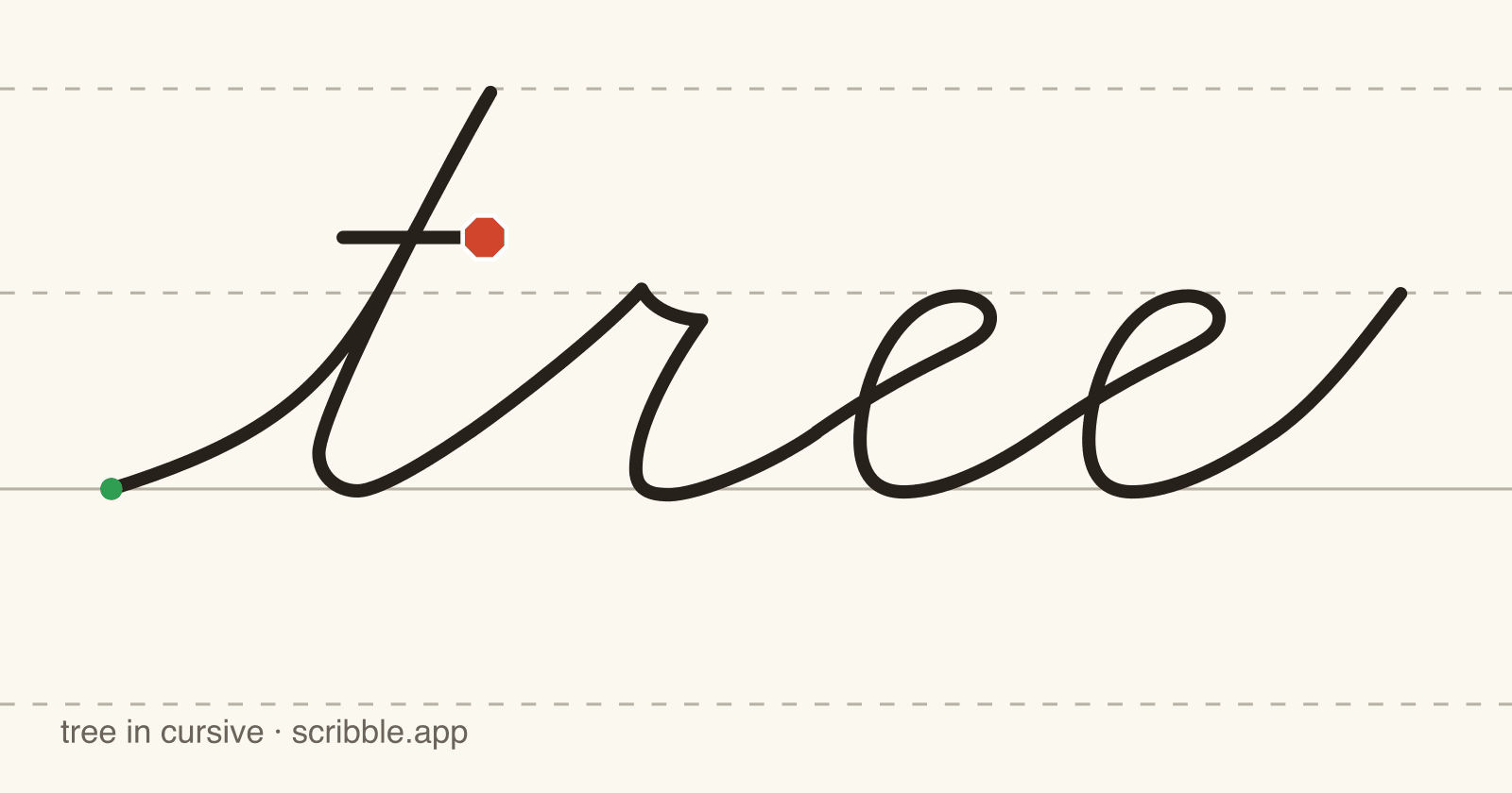 tree written in cursive on handwriting guidelines, with a green starting dot and a red stop sign