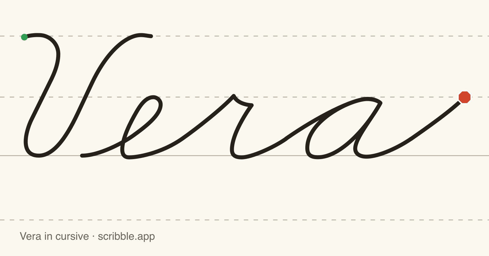 Vera written in cursive on handwriting guidelines, with a green starting dot and a red stop sign