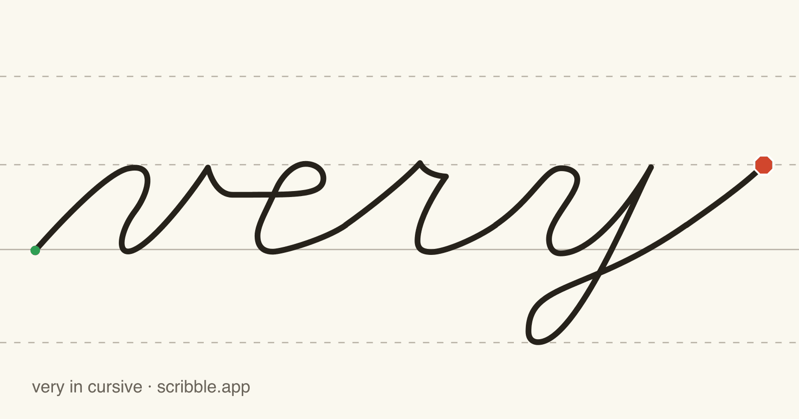 very written in cursive on handwriting guidelines, with a green starting dot and a red stop sign