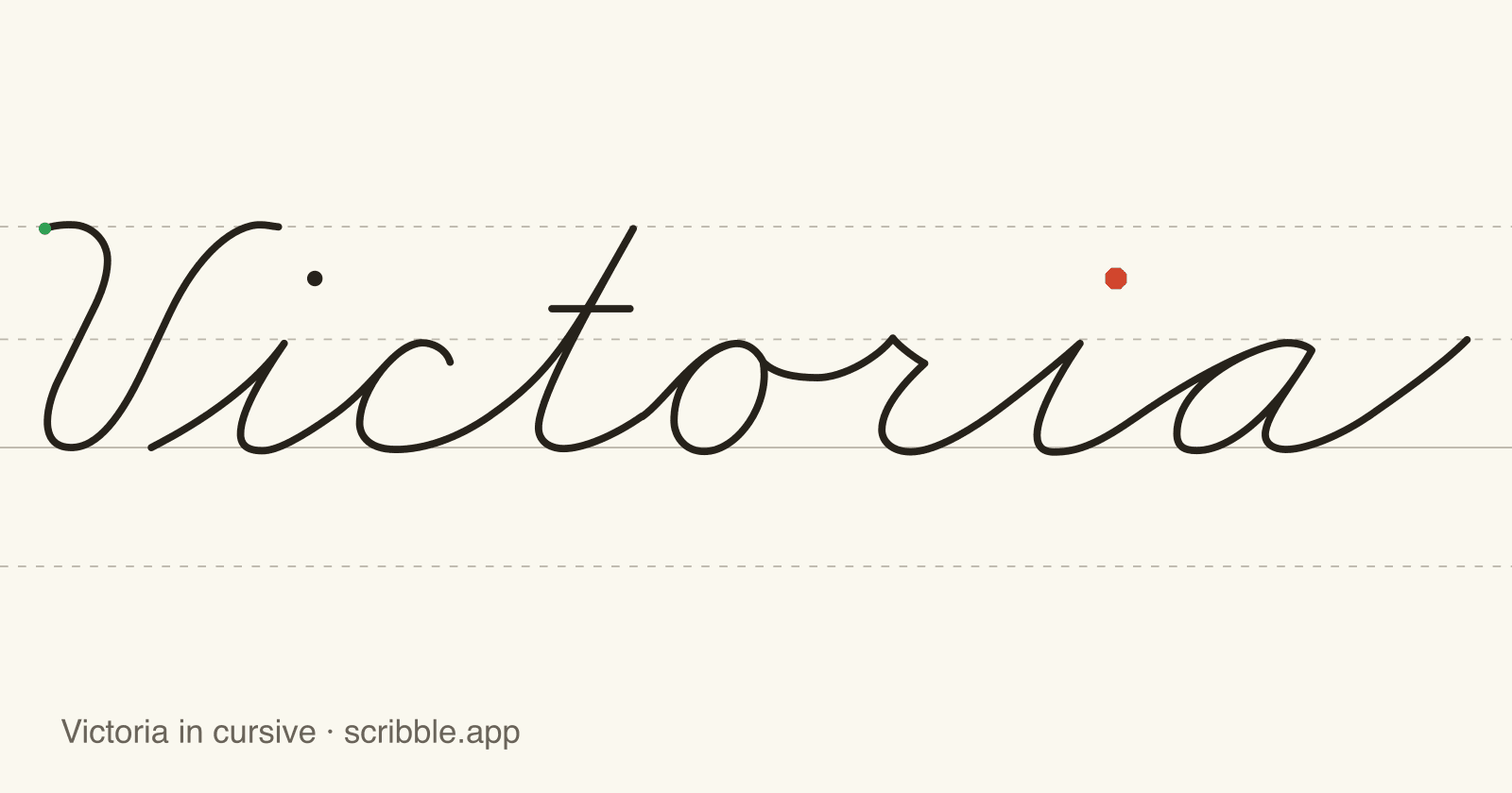 Victoria written in cursive on handwriting guidelines, with a green starting dot and a red stop sign