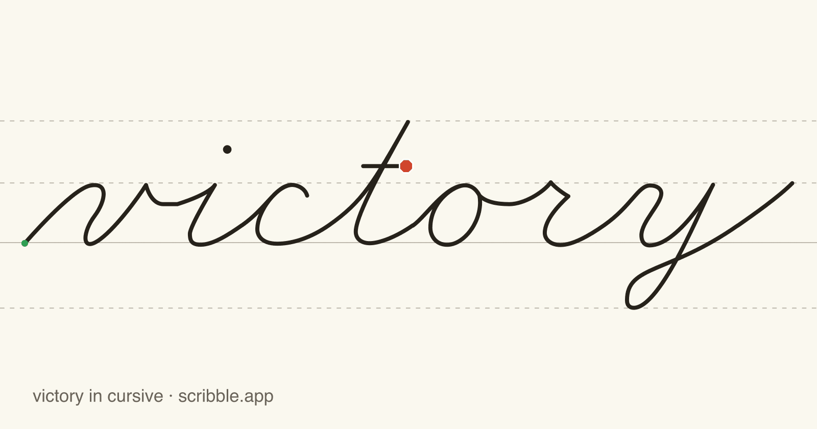 victory written in cursive on handwriting guidelines, with a green starting dot and a red stop sign