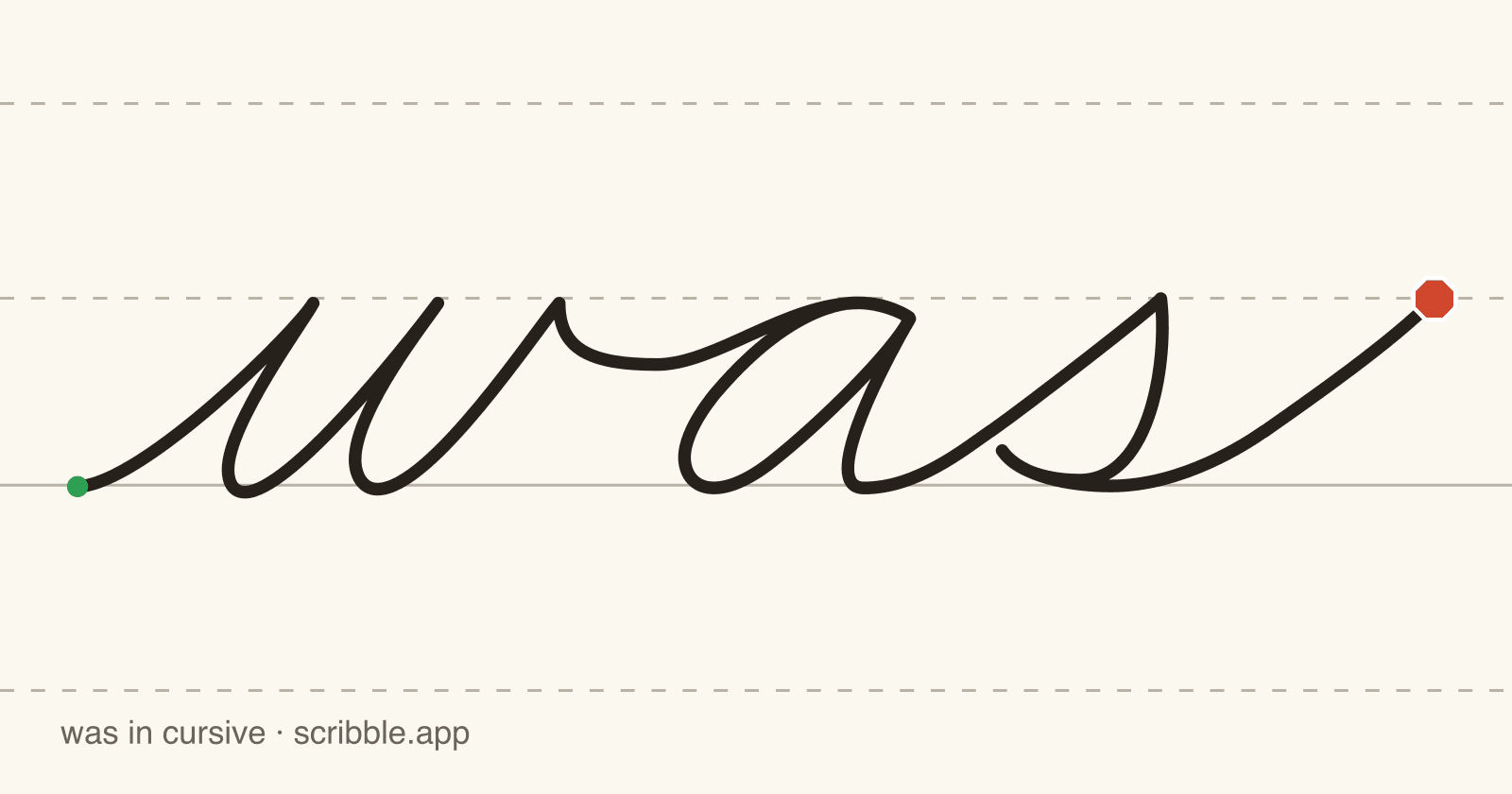was written in cursive on handwriting guidelines, with a green starting dot and a red stop sign
