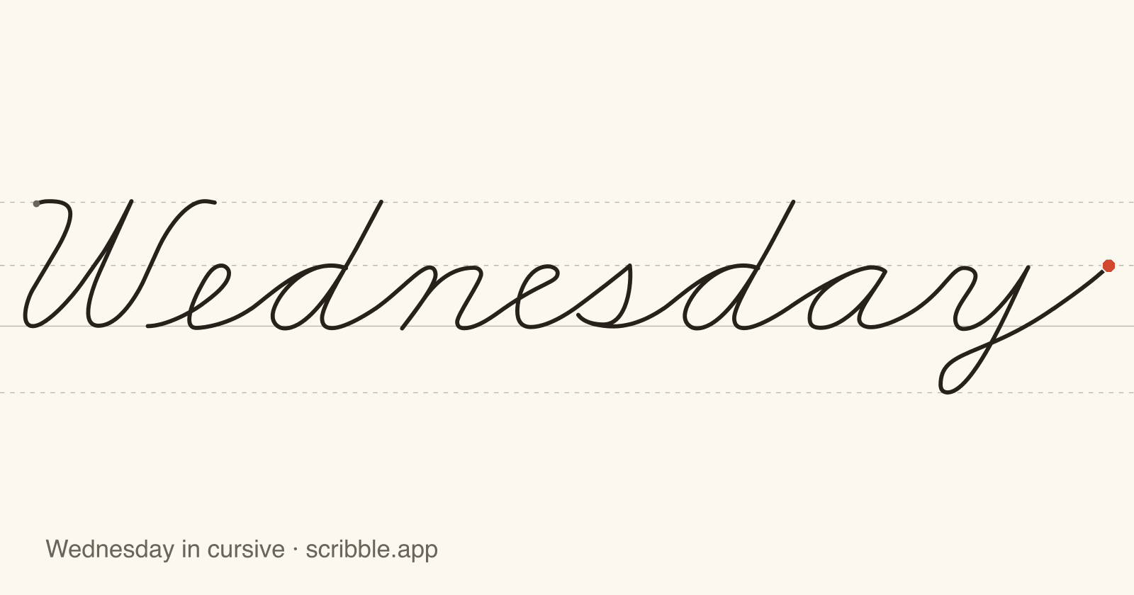Wednesday written in cursive on handwriting guidelines, with a green starting dot and a red stop sign