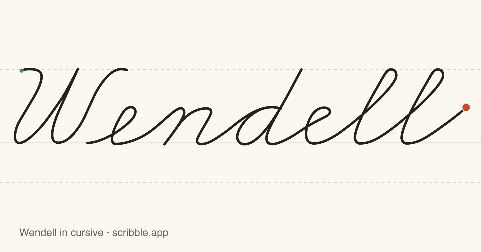 Wendell written in cursive on handwriting guidelines, with a green starting dot and a red stop sign