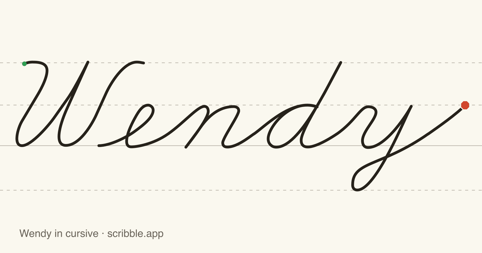 Wendy written in cursive on handwriting guidelines, with a green starting dot and a red stop sign