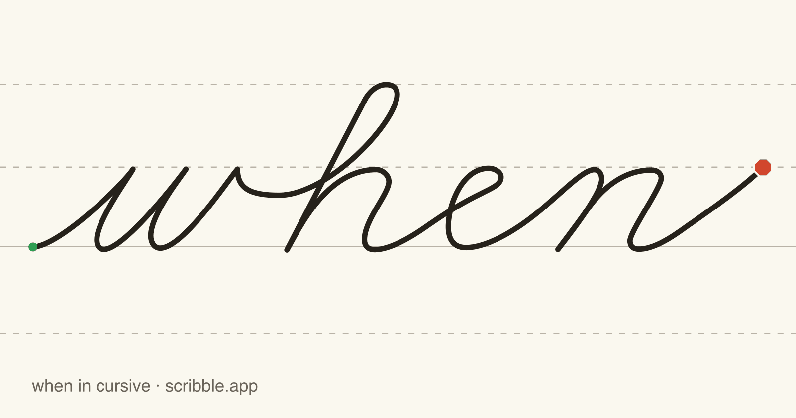when written in cursive on handwriting guidelines, with a green starting dot and a red stop sign
