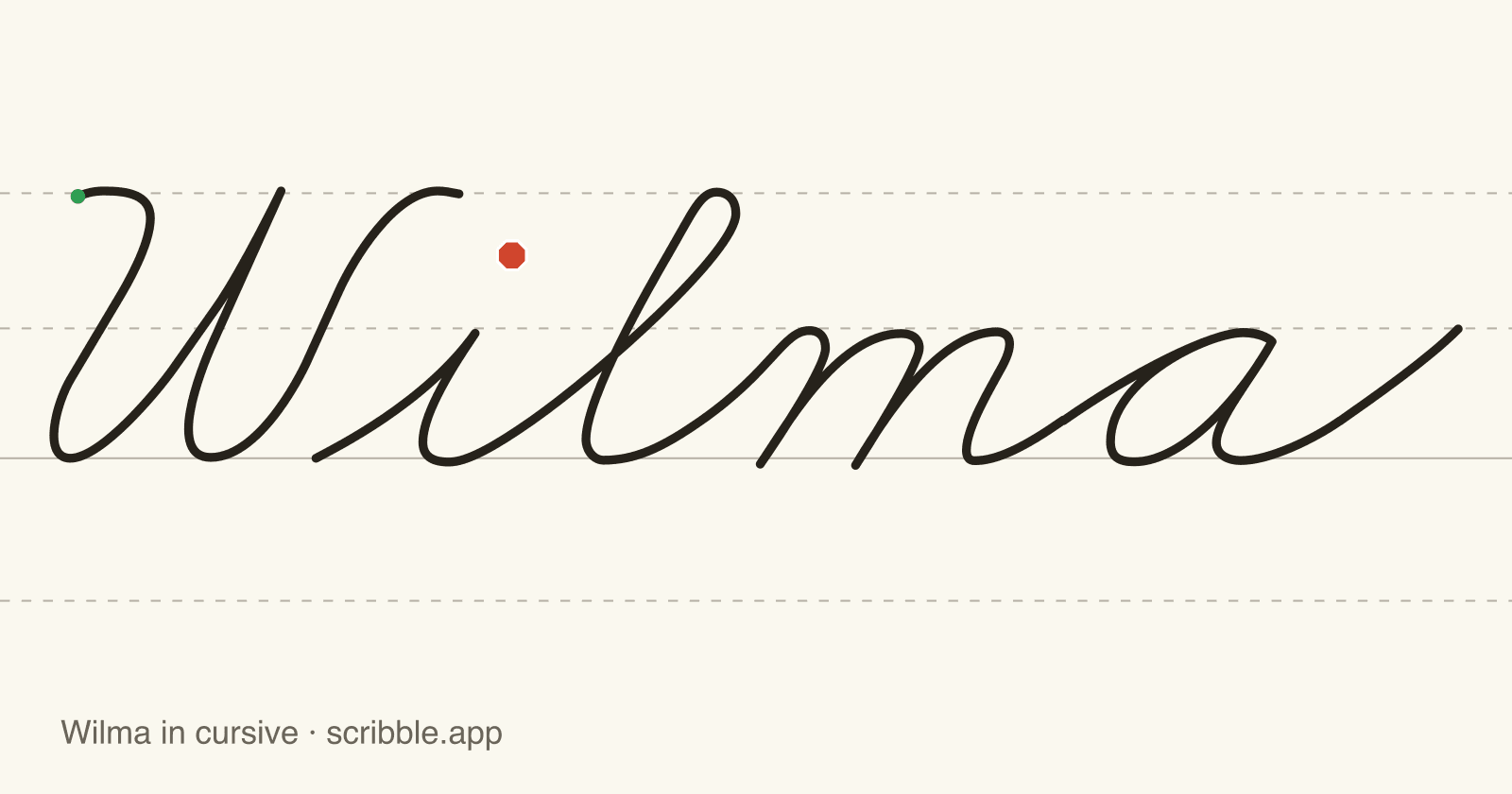 Wilma written in cursive on handwriting guidelines, with a green starting dot and a red stop sign