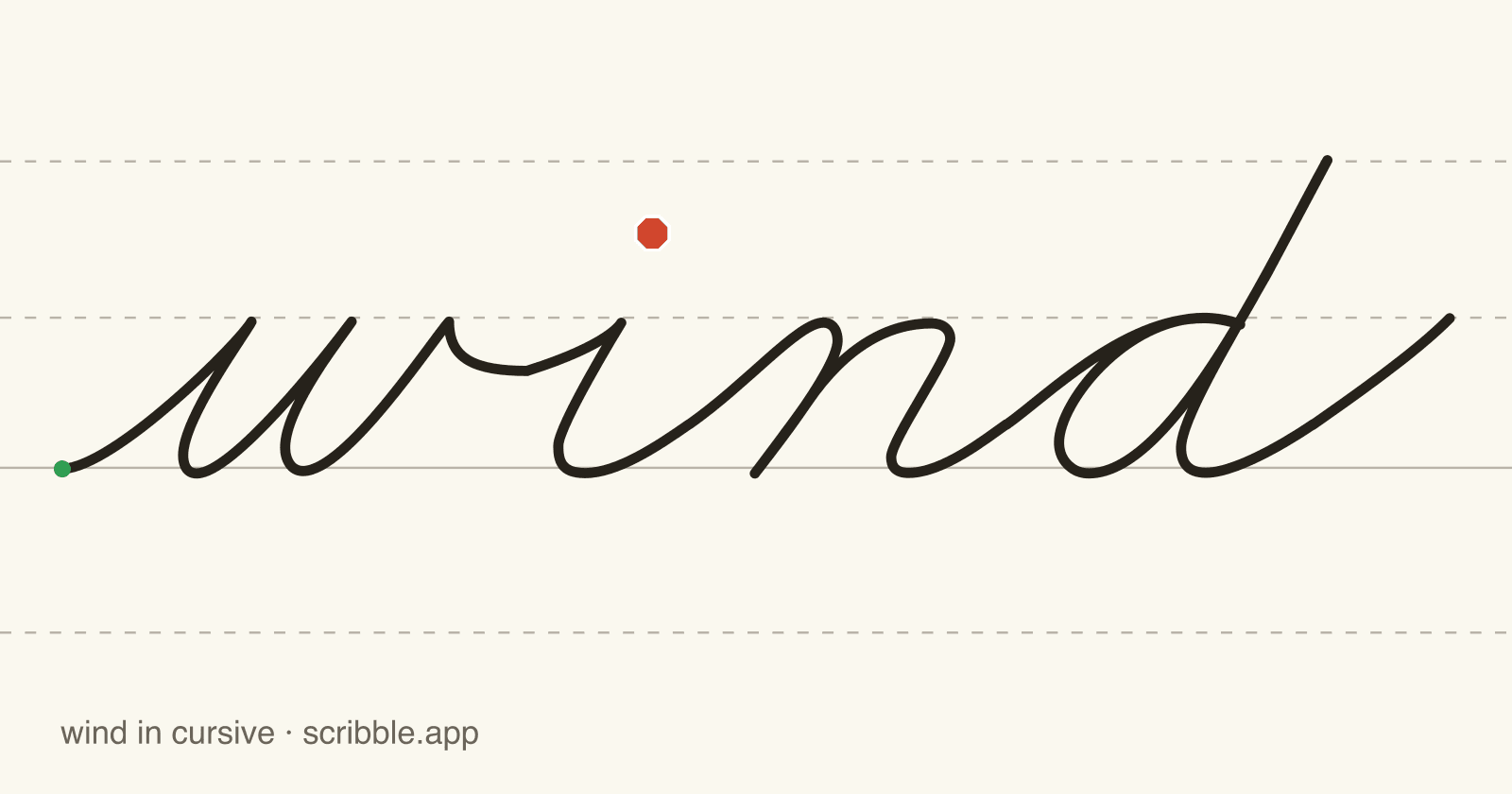 wind written in cursive on handwriting guidelines, with a green starting dot and a red stop sign