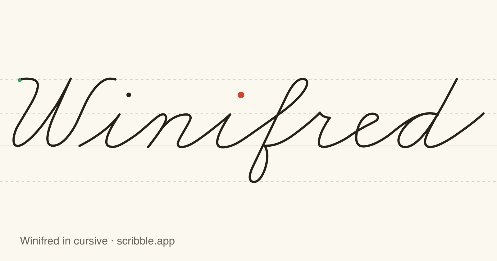 Winifred written in cursive on handwriting guidelines, with a green starting dot and a red stop sign