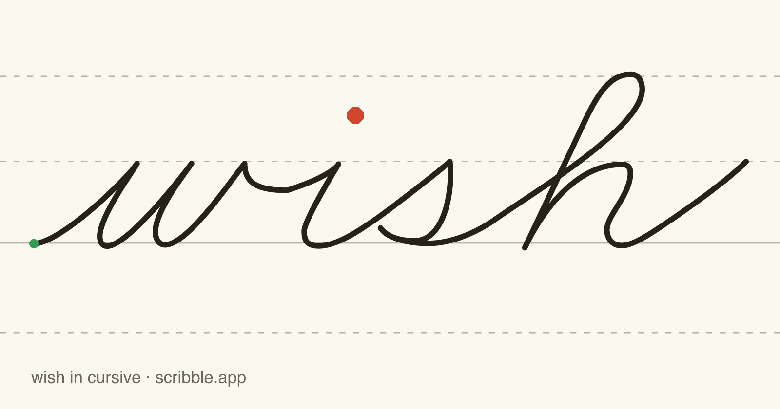 wish written in cursive on handwriting guidelines, with a green starting dot and a red stop sign