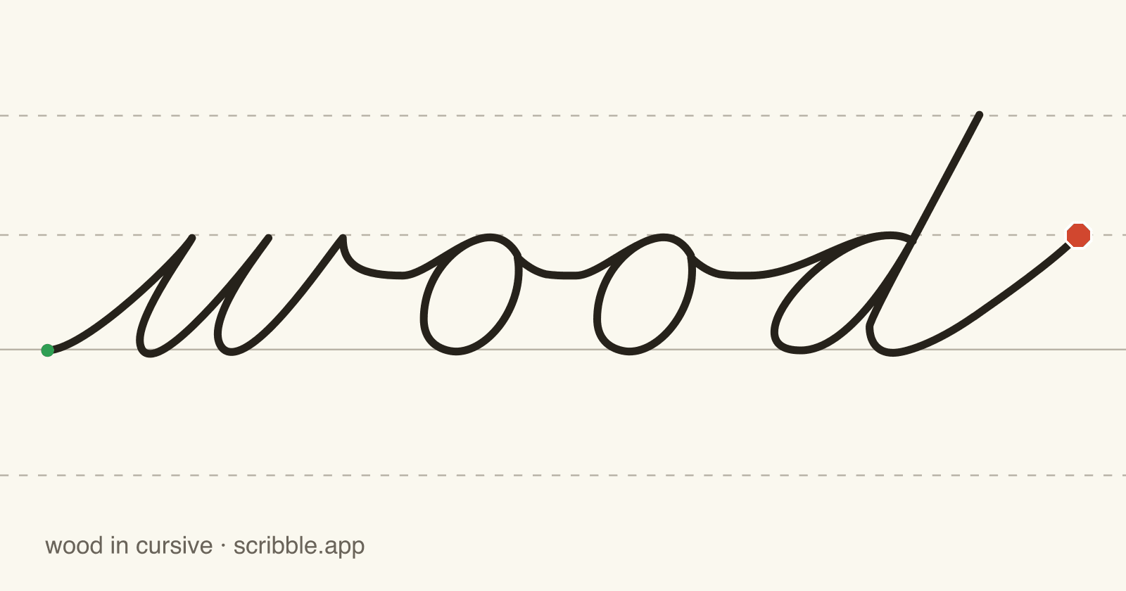 wood written in cursive on handwriting guidelines, with a green starting dot and a red stop sign