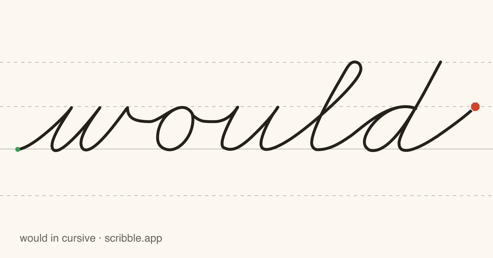 would written in cursive on handwriting guidelines, with a green starting dot and a red stop sign