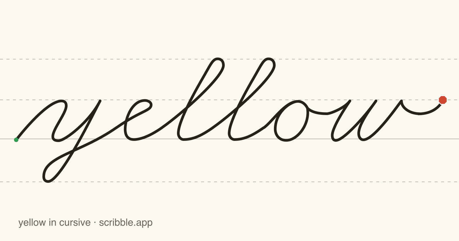 yellow written in cursive on handwriting guidelines, with a green starting dot and a red stop sign