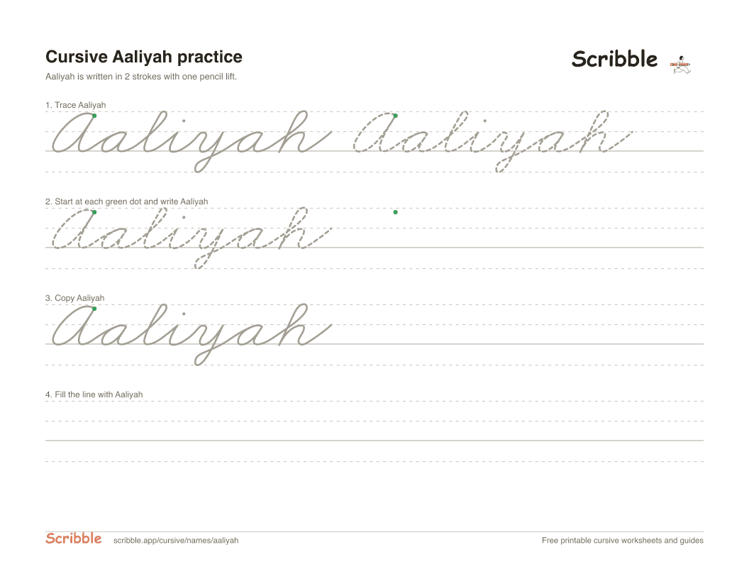 Preview of the printable Aaliyah in cursive worksheet: trace, copy, and practice rows