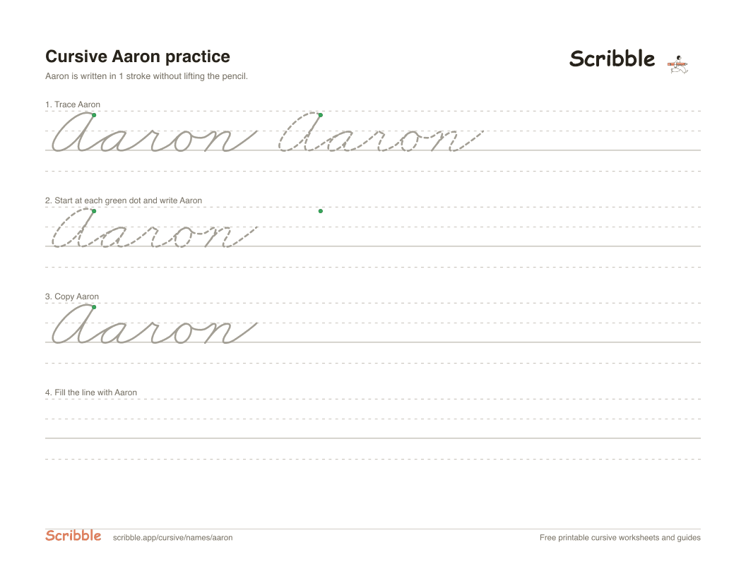 Preview of the printable Aaron in cursive worksheet: trace, copy, and practice rows