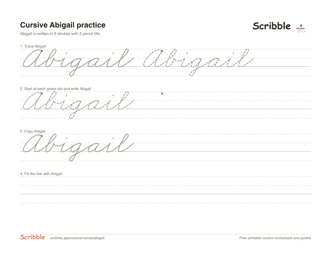 Preview of the printable Abigail in cursive worksheet: trace, copy, and practice rows