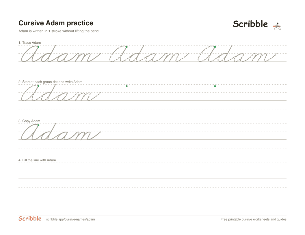 Preview of the printable Adam in cursive worksheet: trace, copy, and practice rows