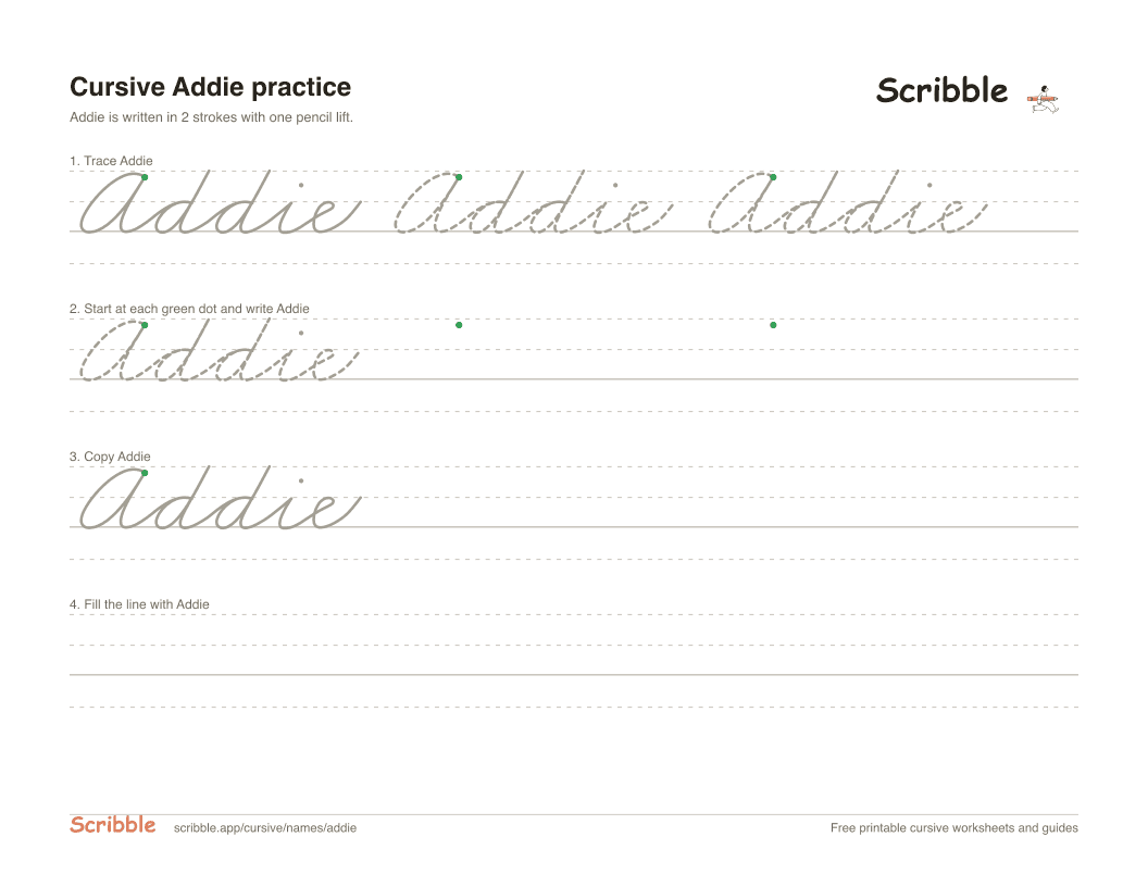 Preview of the printable Addie in cursive worksheet: trace, copy, and practice rows
