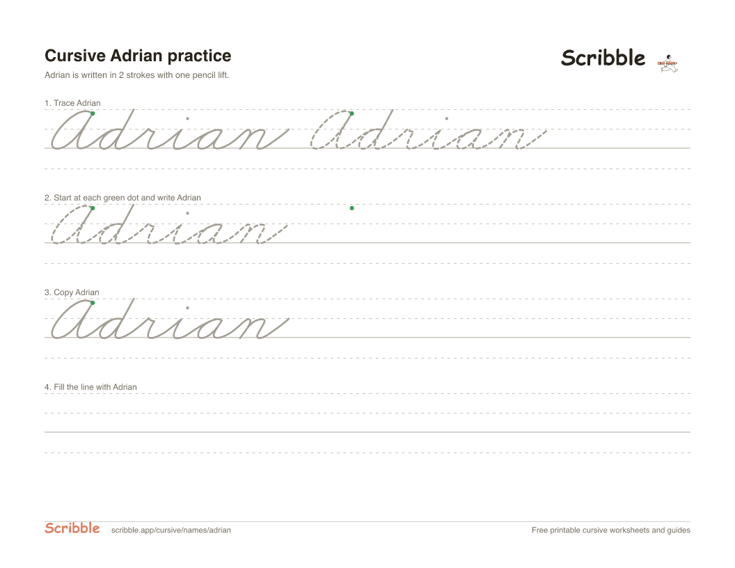 Preview of the printable Adrian in cursive worksheet: trace, copy, and practice rows
